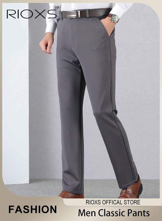 Men's Classic Fit Pants, Trendy Straight Leg Pants, Casual Business Trousers with Pockets, Comfortable Stylish Solid Trousers, Suitable for Leisure and Outdoor Activities