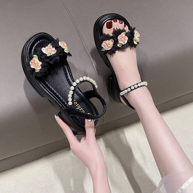 2024 Summer Fairy Floral Platform SandalsBlack Black