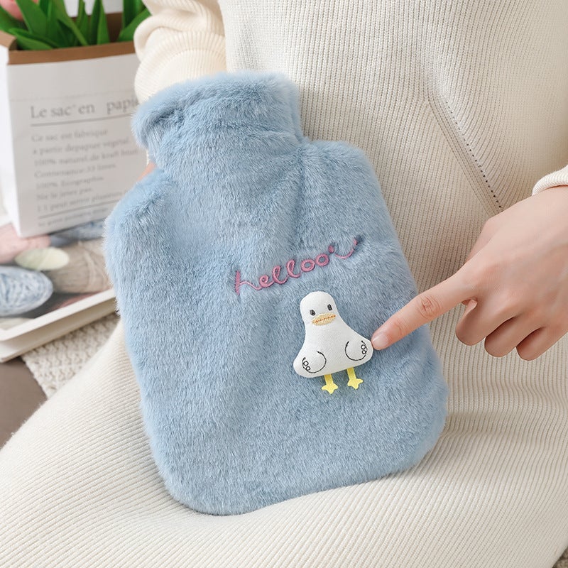 New cute plush insert water injection hot water bag thickened explosion-proof PVC warm water bag removable and washable spot wholesaleLarge White Duck Blue 1000 ml Large White Duck Blue 1000 ml