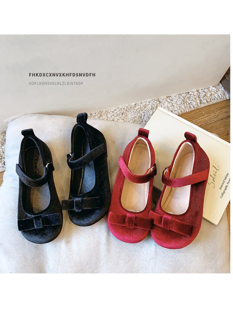 Bow Velvet Children's Single Shoes Princess Shallow Mouth Leather Shoes