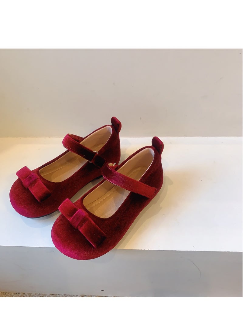 Bow Velvet Children's Single Shoes Princess Shallow Mouth Leather Shoes