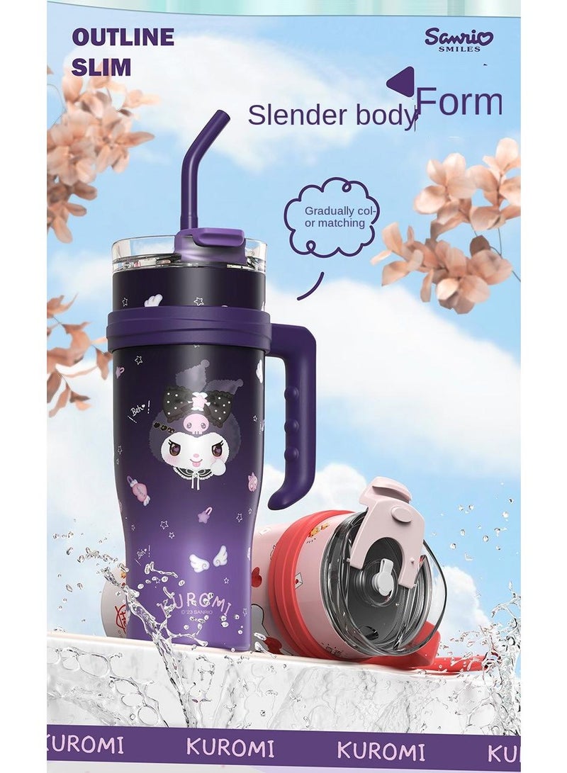Kuromi Reusable Vacuum quenching Cup, 40oz Cup Large Capacity Vacuum Cup with Straw car Heat Preservation Cold Preservation Large ice Cup , Iced Tea or Coffee, Smoothie More, Cream, 40 oz