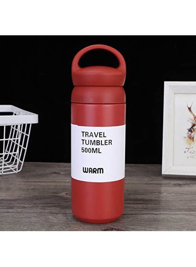 Double Wall Stainless Steel Thermos Travel Tumbler With Handle For Keeping Coffee Red 500ml