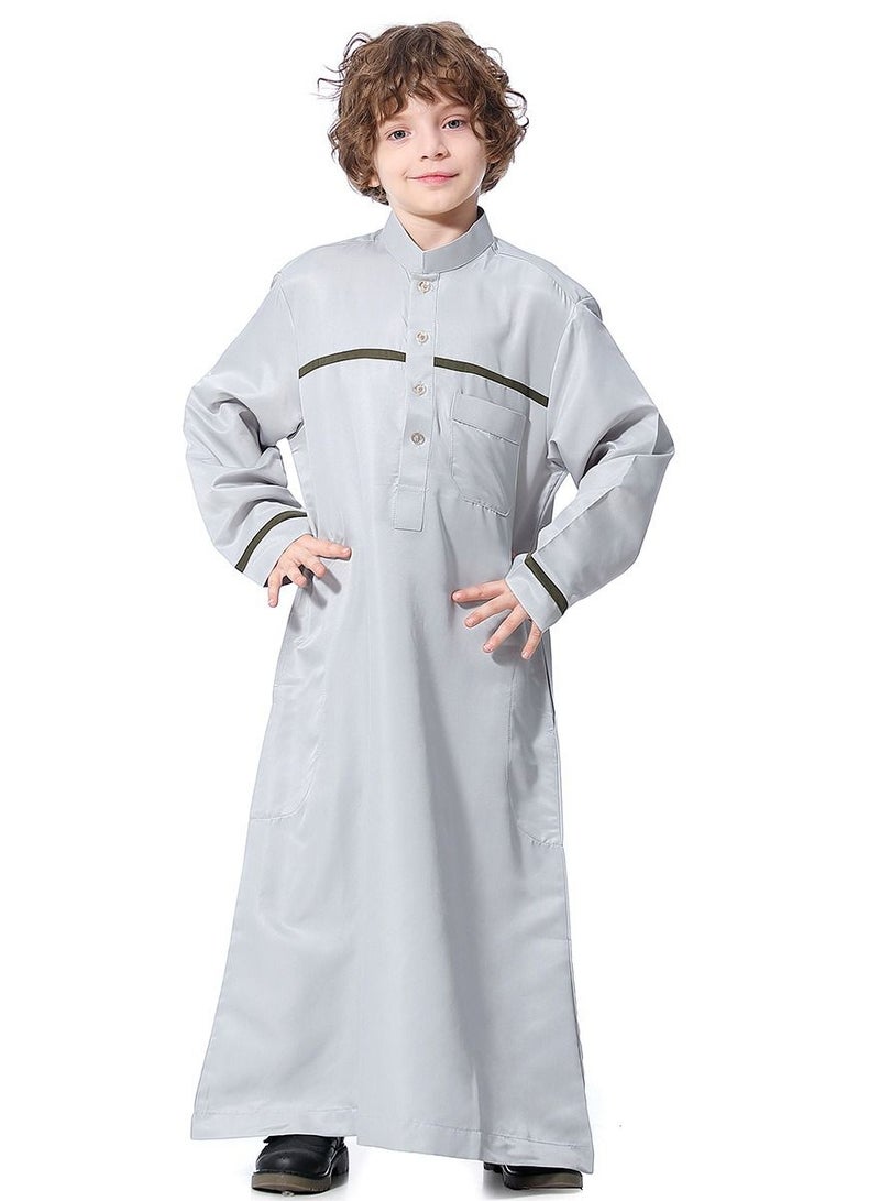 Boys Concise Style Stand Collar Long Sleeve Abaya Robe Islamic Arabic Casual Kaftan Grey