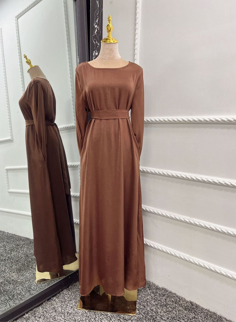 Muslim Abaya Dress, Fashion Summer Solid Round Neck Kimono Islamic Abaya, Comfortable Breathable Turkish Islamic Robe Dress for Women for Home, Prayer, Outdoor, Festival, ( Size M, Brown)