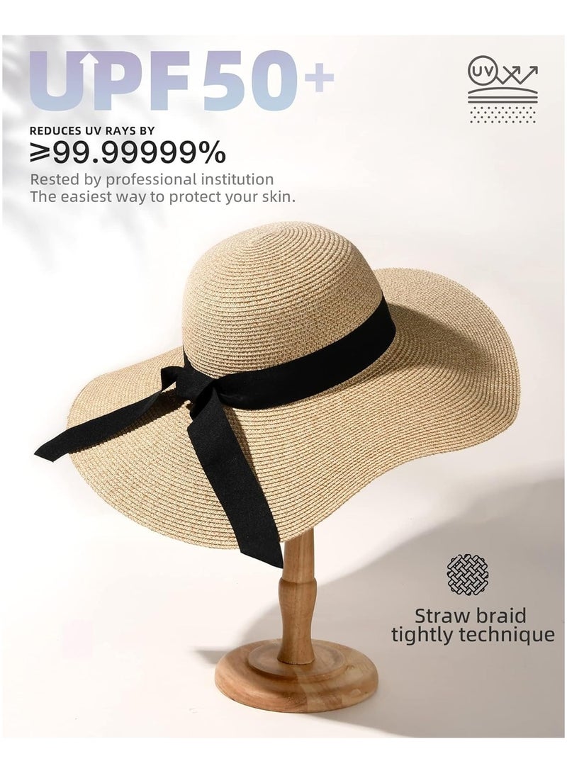 Womens Sun Straw Hat Wide Brim UPF 50 Summer Hat Foldable Roll up Floppy Beach Hats for Women