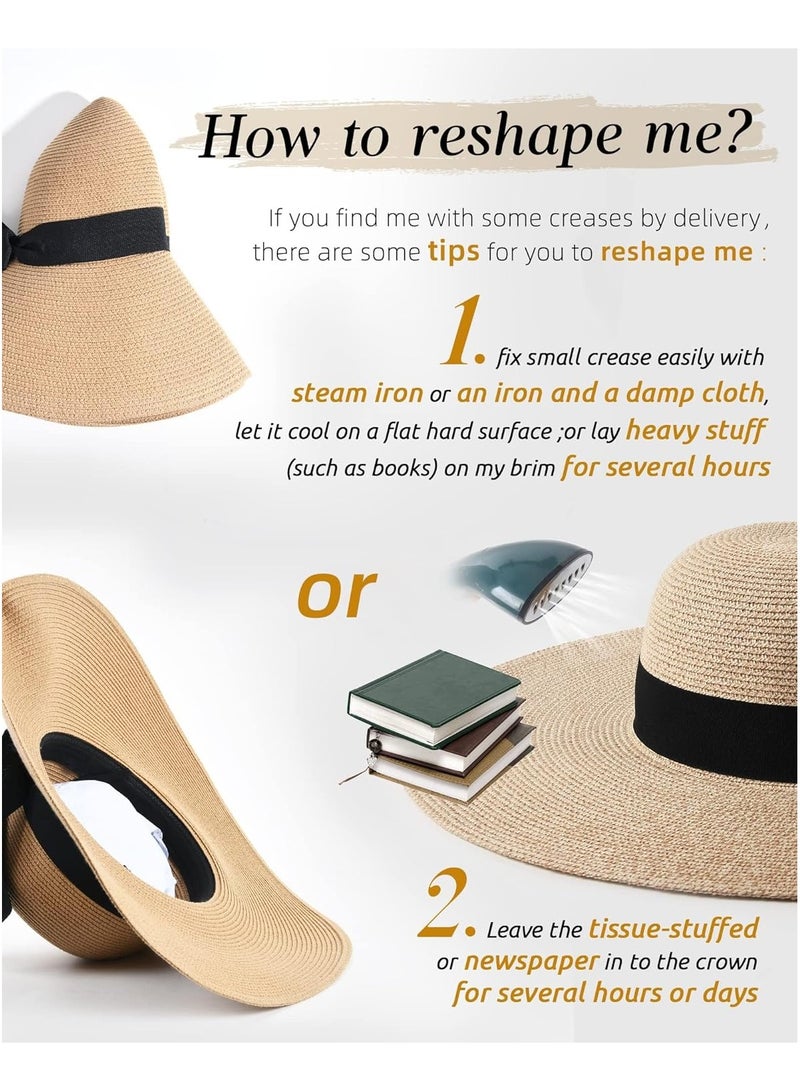 Womens Sun Straw Hat Wide Brim UPF 50 Summer Hat Foldable Roll up Floppy Beach Hats for Women