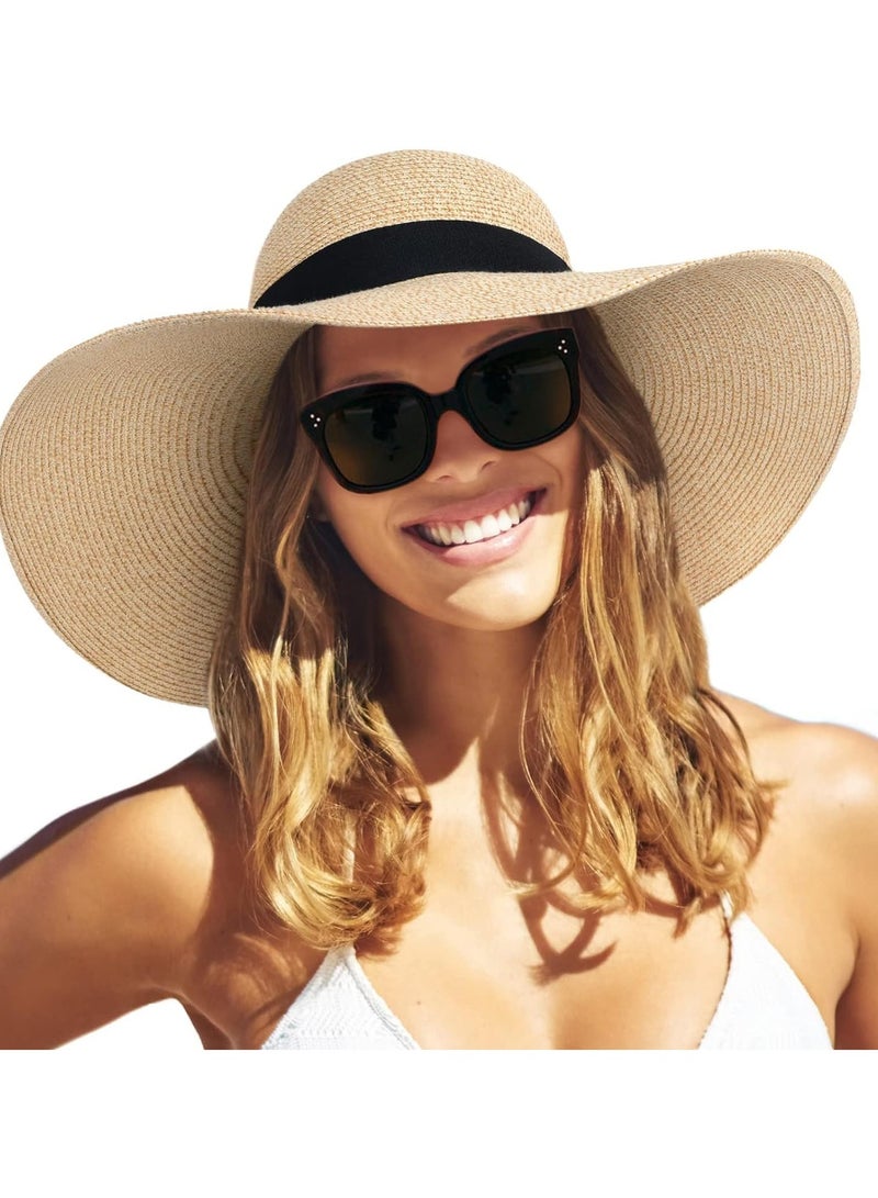 Womens Sun Straw Hat Wide Brim UPF 50 Summer Hat Foldable Roll up Floppy Beach Hats for Women