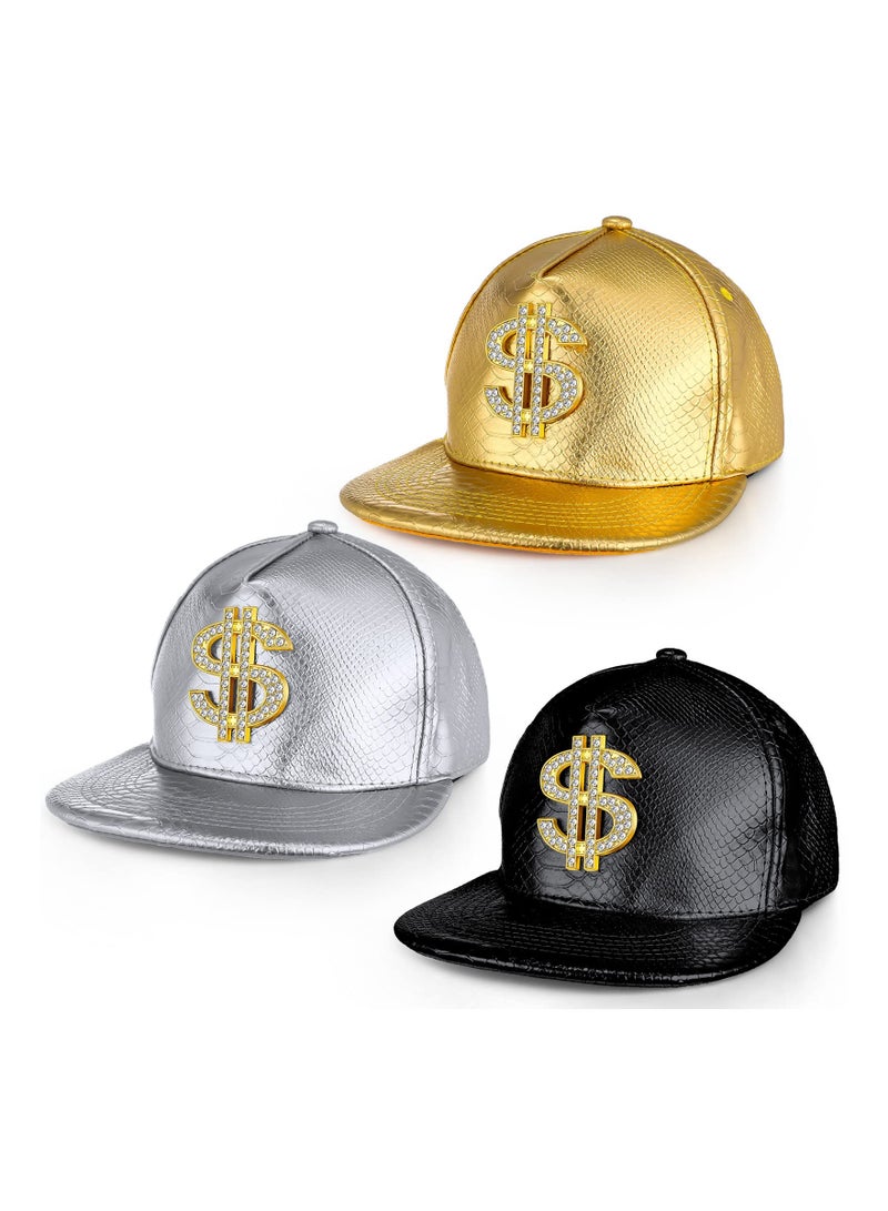 3PCS Gold Hip Hop Cap Set, Funny Adjustable Baseball Snapback Hat with Dollar Sign, 80s 90s Style, Leather Brim, Unisex Outdoor Hat for Men and Women.