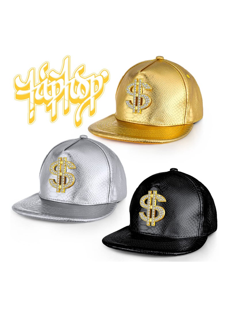 3PCS Gold Hip Hop Cap Set, Funny Adjustable Baseball Snapback Hat with Dollar Sign, 80s 90s Style, Leather Brim, Unisex Outdoor Hat for Men and Women.