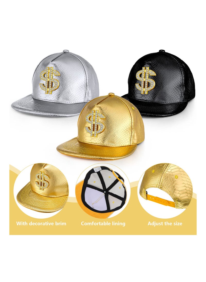 3PCS Gold Hip Hop Cap Set, Funny Adjustable Baseball Snapback Hat with Dollar Sign, 80s 90s Style, Leather Brim, Unisex Outdoor Hat for Men and Women.