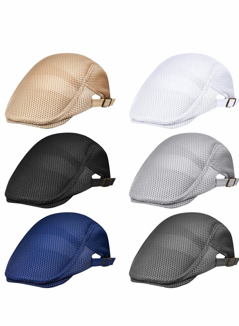 Men's Breathable Mesh Flat Cap Set - 6 Pcs Adjustable Duckbill Ivy Cabbie Hat for Summer Driving, Hunting, and Casual Wear - Stylish Newsboy Berets Included.