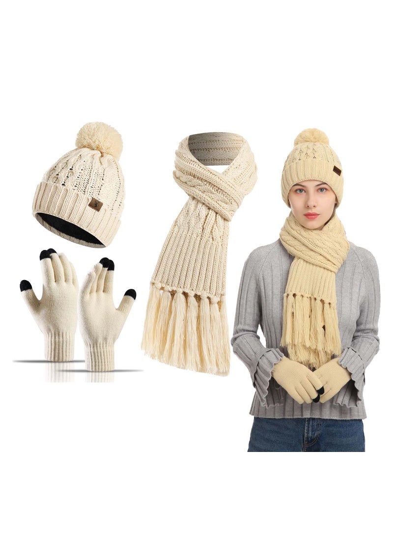 Womens Winter Warm Knit Beanie Scarf Hat Touchscreen Gloves Long Neck Scarf Set with Fleece Lined Skull Caps Warm Knitted Hat Scarves Gifts for Women Beige