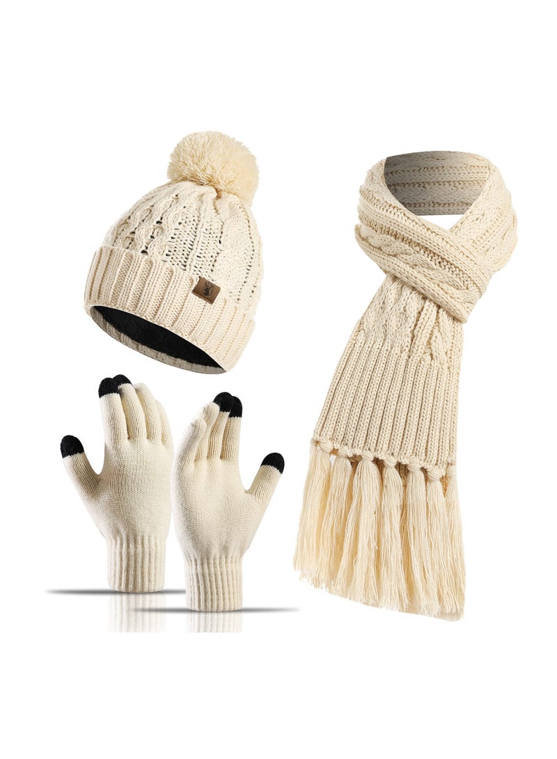 Womens Winter Warm Knit Beanie Scarf Hat Touchscreen Gloves Long Neck Scarf Set with Fleece Lined Skull Caps Warm Knitted Hat Scarves Gifts for Women Beige