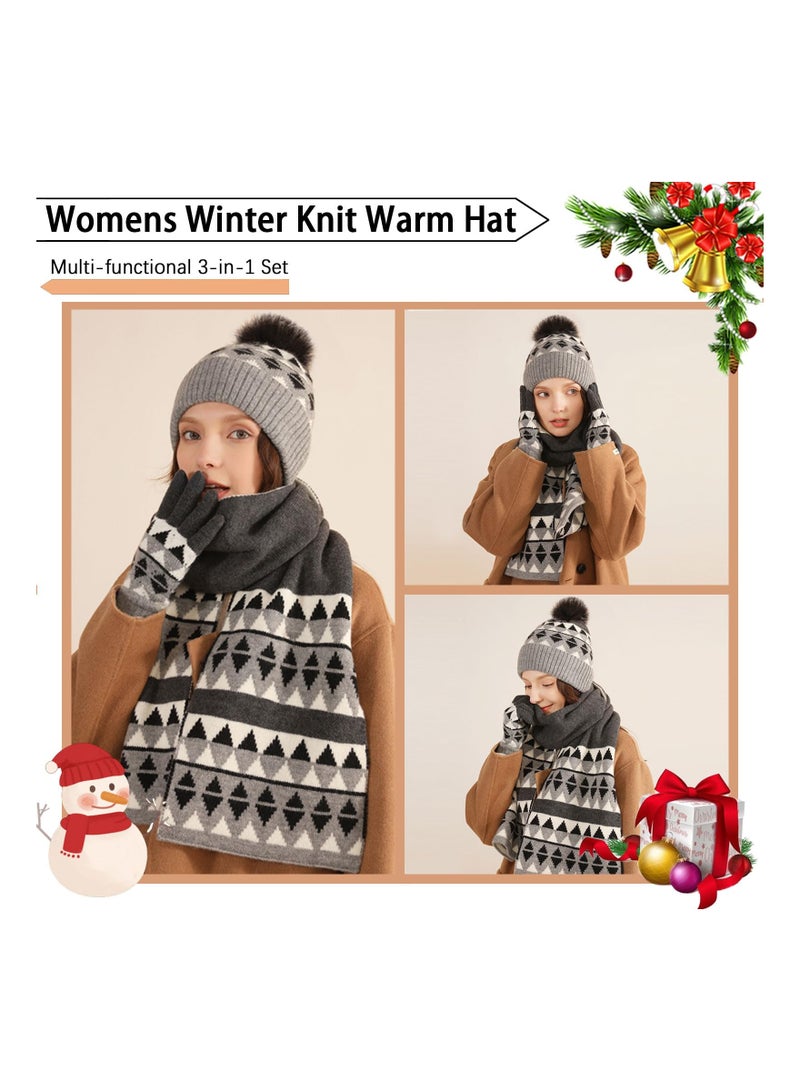 Womens Winter Warm Knit Beanie Scarf Hat Touchscreen Gloves Long Neck Scarf Set with Fleece Lined Skull Caps Warm Knitted Hat Scarves Gifts for Women