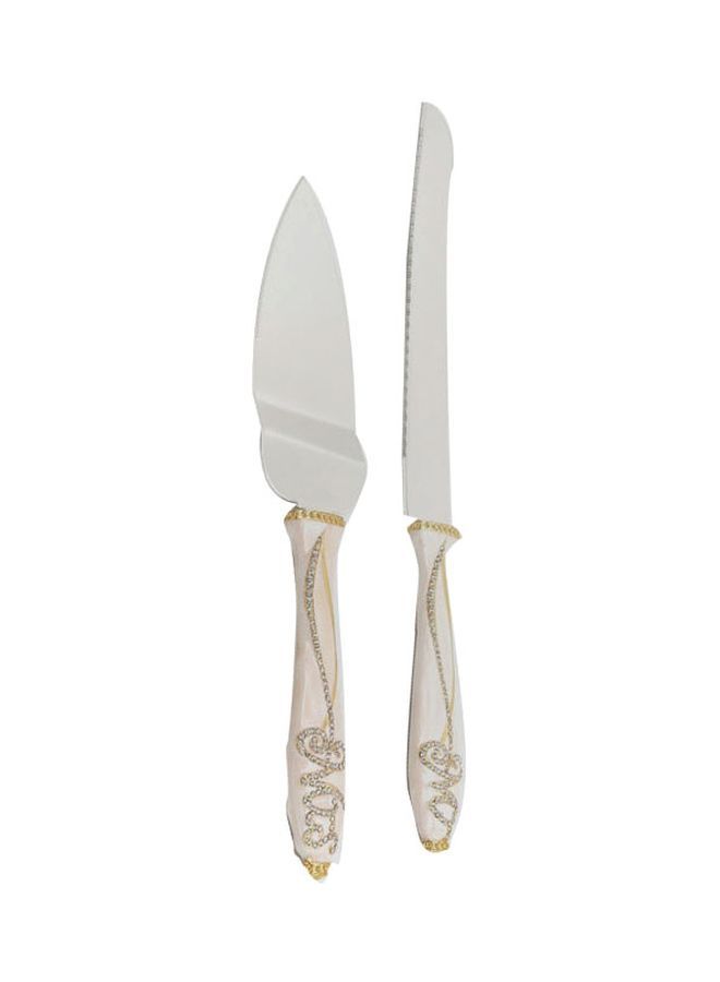 2-Piece Cake Knife Set White/Silver 1xCake Shovel 13x37x3, 1xLarge 20cm