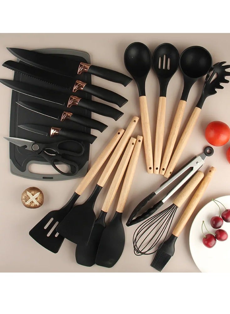 19-Pieces Kitchen Utensil Sets Silicone Gel Tools with Wooden Handle Cooking Utensils Set Non-Stick Cooking Tools with Holder for Easy Storage for Home Kitchen