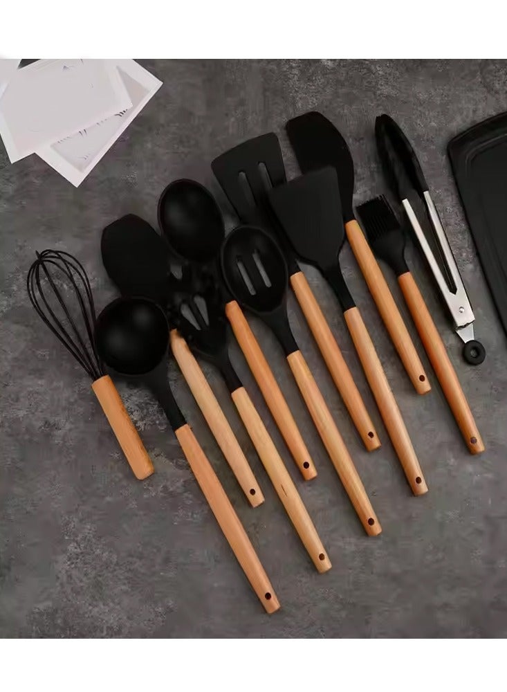 19-Pieces Kitchen Utensil Sets Silicone Gel Tools with Wooden Handle Cooking Utensils Set Non-Stick Cooking Tools with Holder for Easy Storage for Home Kitchen