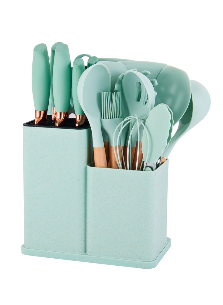 19-Pieces Kitchen Utensil Sets Silicone Gel Tools with Wooden Handle Cooking Utensils Set Non-Stick Cooking Tools with Holder for Easy Storage for Home Kitchen