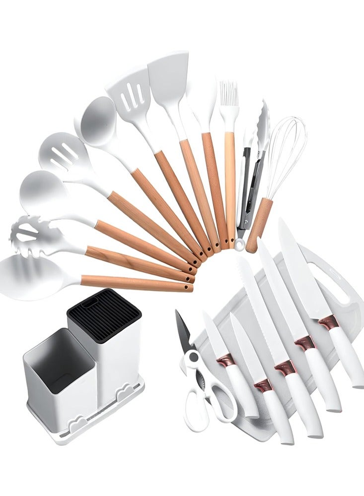 19-Pieces Kitchen Utensil Sets Silicone Gel Tools with Wooden Handle Cooking Utensils Set Non-Stick Cooking Tools with Holder for Easy Storage for Home Kitchen