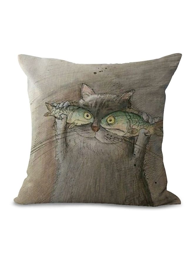 Cute Cat Decorative Cushion Cover Grey/Green 45x45cm