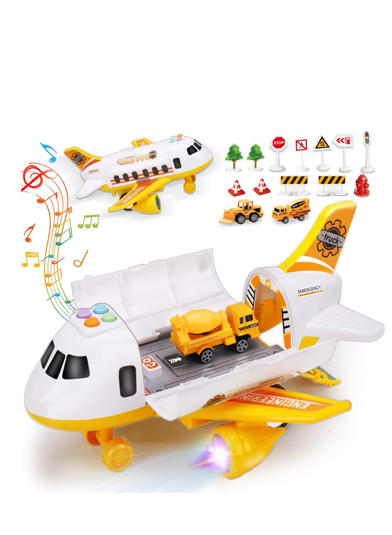 Airplane Toy Set with Mini Construction Cars and Helicopter, Toddler Transport Vehicle Playset, Aircraft Carrier with Lights and Sounds, Perfect Gift for Kids Aged 2 and Up.