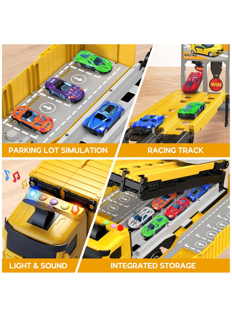 Truck race track kids toys, foldable 3 layer car race track playset, truck transport car carrier with 8 race cars, gifts for years boys girls