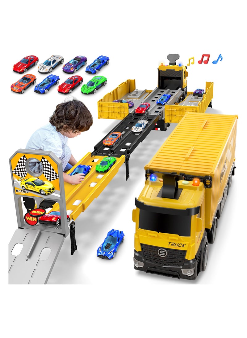 Truck race track kids toys, foldable 3 layer car race track playset, truck transport car carrier with 8 race cars, gifts for years boys girls