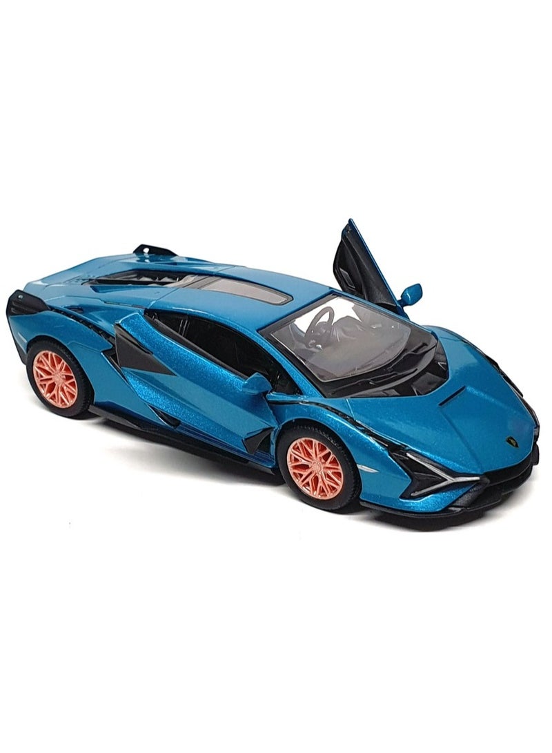 Kinsmart 1:24 Scale Lamborghini  Pull Back & Go Toy Car - Die-Cast Metal Model with Opening Doors - Blue with Orange Wheels - Collectible Supercar for Kids and Car Enthusiasts