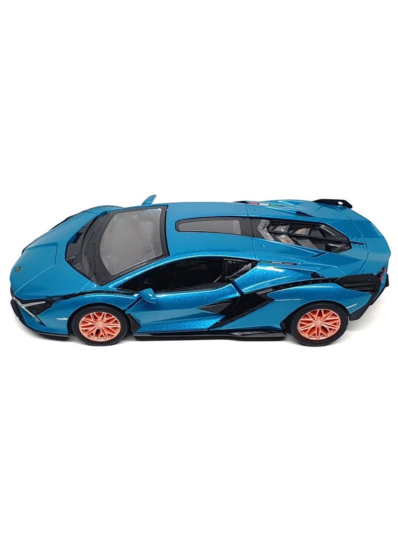 Kinsmart 1:24 Scale Lamborghini  Pull Back & Go Toy Car - Die-Cast Metal Model with Opening Doors - Blue with Orange Wheels - Collectible Supercar for Kids and Car Enthusiasts