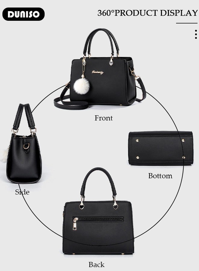 Women's Fashion Handbag Faux Leather Crossbody Bag For Women Large Capacity Hair Ball Pendant Tote Bags Top Handle Satchel Fashionable Travel Shoulder Bag For Ladies