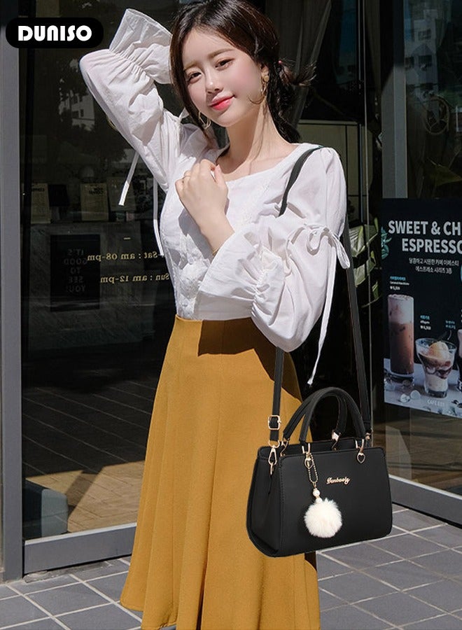 Women's Fashion Handbag Faux Leather Crossbody Bag For Women Large Capacity Hair Ball Pendant Tote Bags Top Handle Satchel Fashionable Travel Shoulder Bag For Ladies