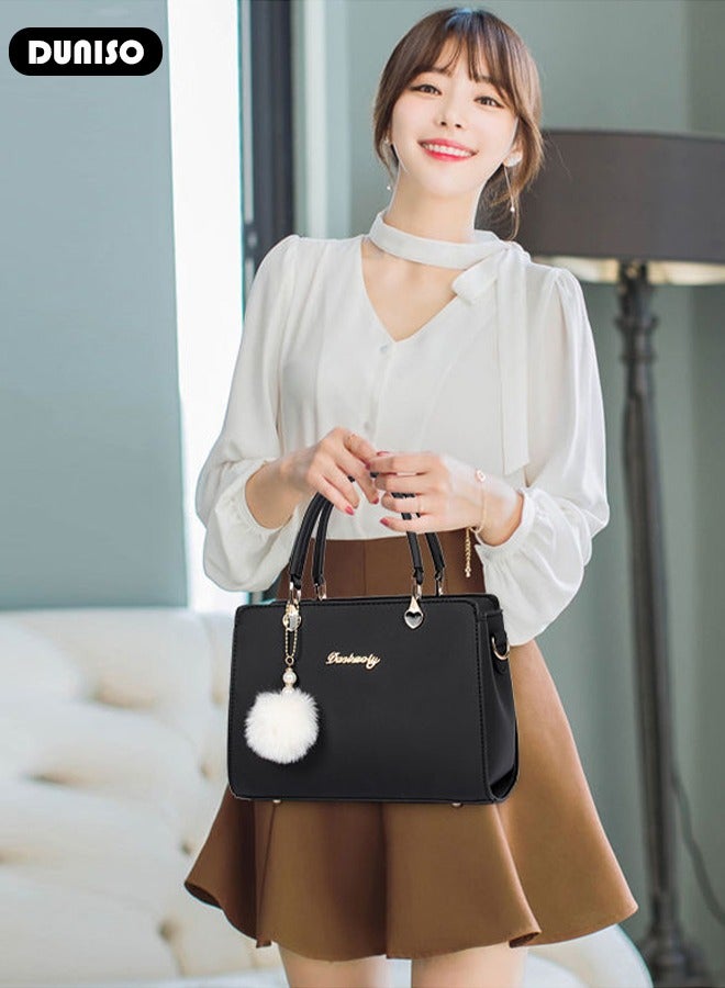 Women's Fashion Handbag Faux Leather Crossbody Bag For Women Large Capacity Hair Ball Pendant Tote Bags Top Handle Satchel Fashionable Travel Shoulder Bag For Ladies