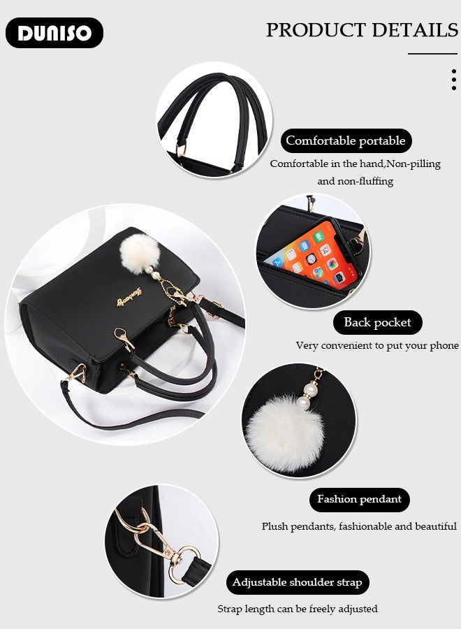 Women's Fashion Handbag Faux Leather Crossbody Bag For Women Large Capacity Hair Ball Pendant Tote Bags Top Handle Satchel Fashionable Travel Shoulder Bag For Ladies