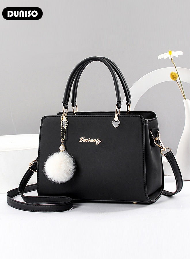 Women's Fashion Handbag Faux Leather Crossbody Bag For Women Large Capacity Hair Ball Pendant Tote Bags Top Handle Satchel Fashionable Travel Shoulder Bag For Ladies