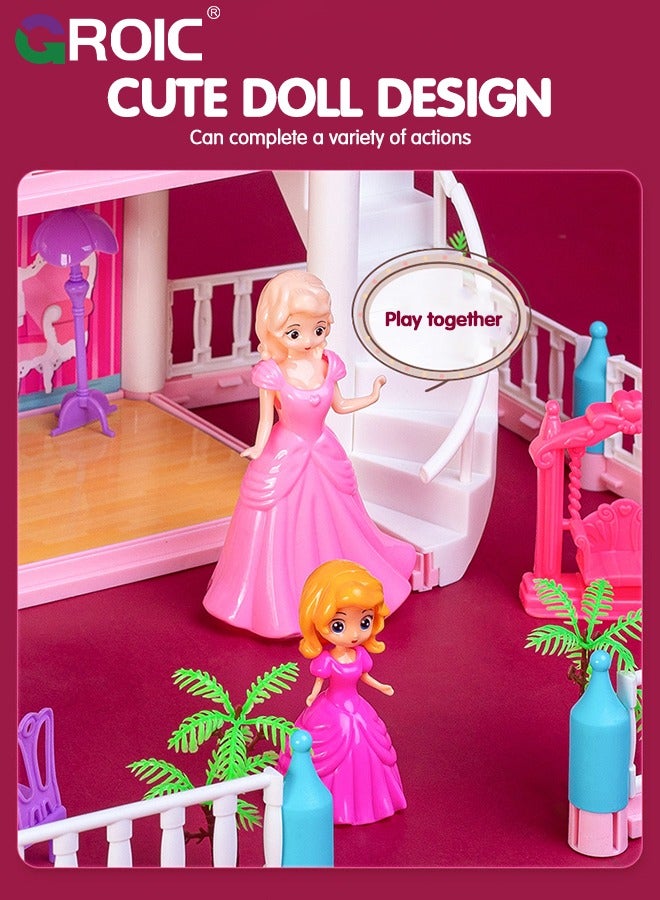 Dollhouse Doll House Toys, 4 Storeys 14 Rooms 3 Balcony, Large Dreamhouse Pretend Play Building Playset with 14 Rooms, Courtyard, Led Light & Slide, Dollhouse Asseccories and Furniture