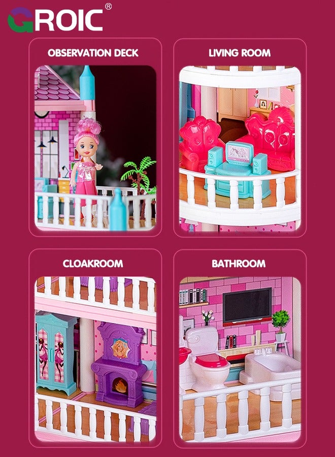 Dollhouse Doll House Toys, 4 Storeys 14 Rooms 3 Balcony, Large Dreamhouse Pretend Play Building Playset with 14 Rooms, Courtyard, Led Light & Slide, Dollhouse Asseccories and Furniture