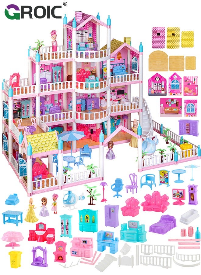 Dollhouse Doll House Toys, 4 Storeys 14 Rooms 3 Balcony, Large Dreamhouse Pretend Play Building Playset with 14 Rooms, Courtyard, Led Light & Slide, Dollhouse Asseccories and Furniture