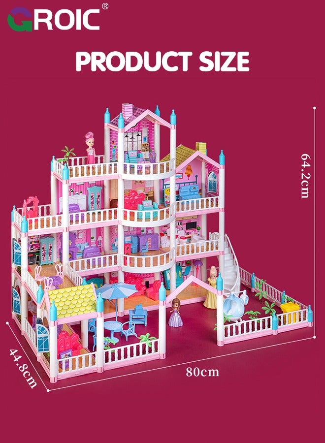Dollhouse Doll House Toys, 4 Storeys 14 Rooms 3 Balcony, Large Dreamhouse Pretend Play Building Playset with 14 Rooms, Courtyard, Led Light & Slide, Dollhouse Asseccories and Furniture