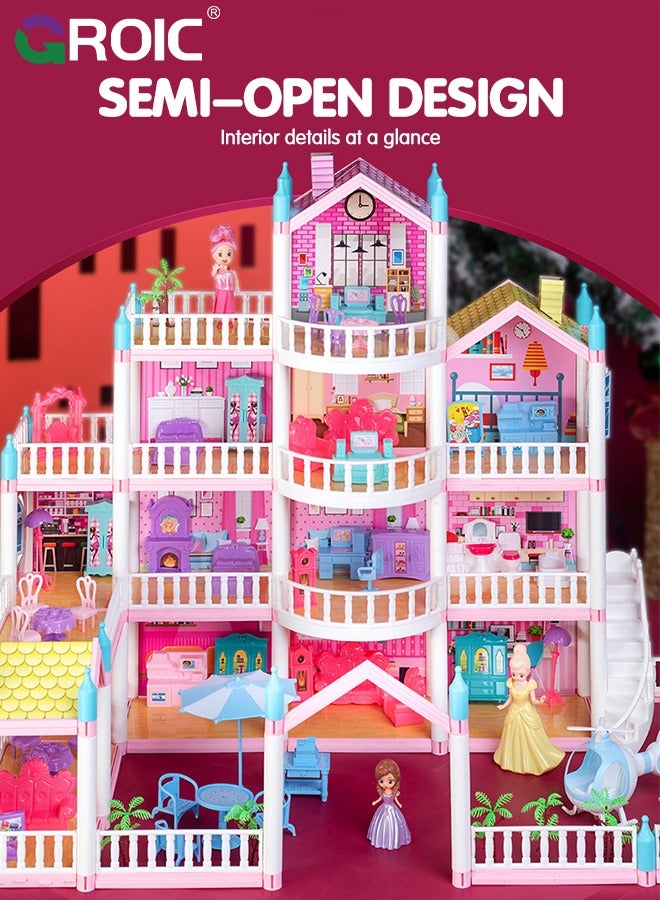 Dollhouse Doll House Toys, 4 Storeys 14 Rooms 3 Balcony, Large Dreamhouse Pretend Play Building Playset with 14 Rooms, Courtyard, Led Light & Slide, Dollhouse Asseccories and Furniture