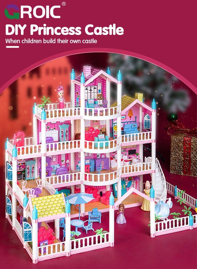 Dollhouse Doll House Toys, 4 Storeys 14 Rooms 3 Balcony, Large Dreamhouse Pretend Play Building Playset with 14 Rooms, Courtyard, Led Light & Slide, Dollhouse Asseccories and Furniture