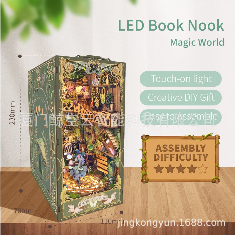 book nook whale empty christmas diy hut 3d stereo assembled night light wooden book stand puzzle building model Green Field Secret Realm Full English Dust-proof Edition SQ-15WF