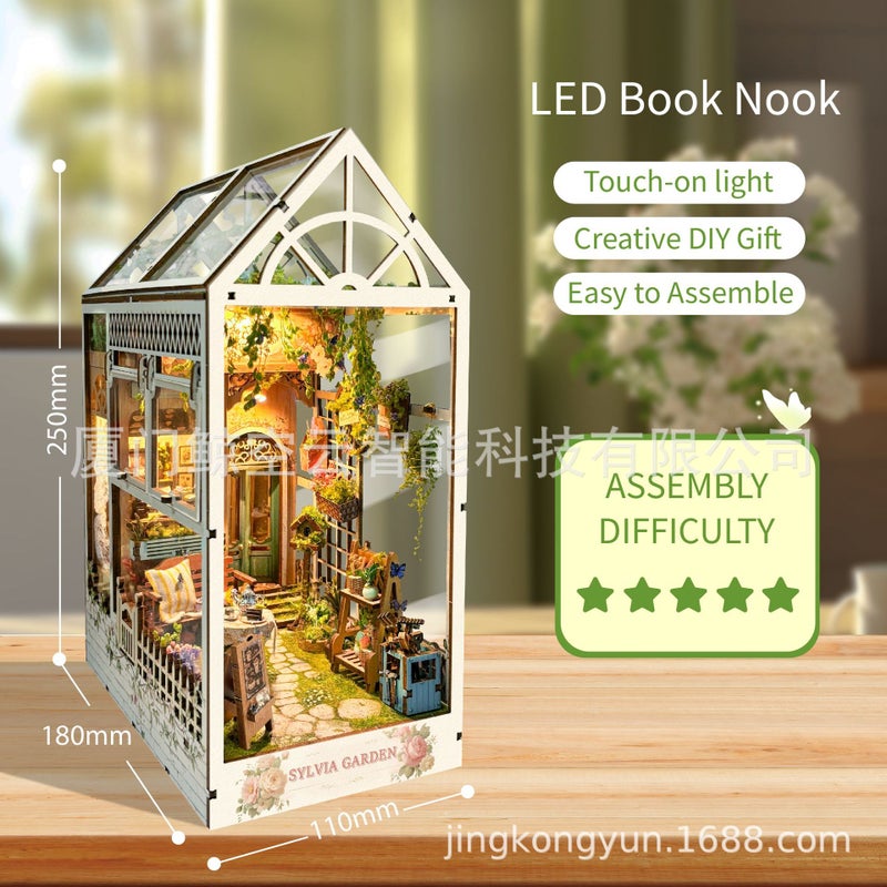 book nook whale empty christmas diy hut 3d stereo assembled night light wooden book stand puzzle building model Xivia English dustproof version SQ-22