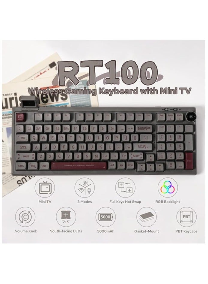 RT100 97 Keys Gasket BT5.0/2.4G/USB-C Mechanical Keyboard with Customizable Display Screen, Knob, Hot Swappable Socket, 5000mAh Battery for Win/Mac(RT100 Grey, Sea Salt Silent Switch)