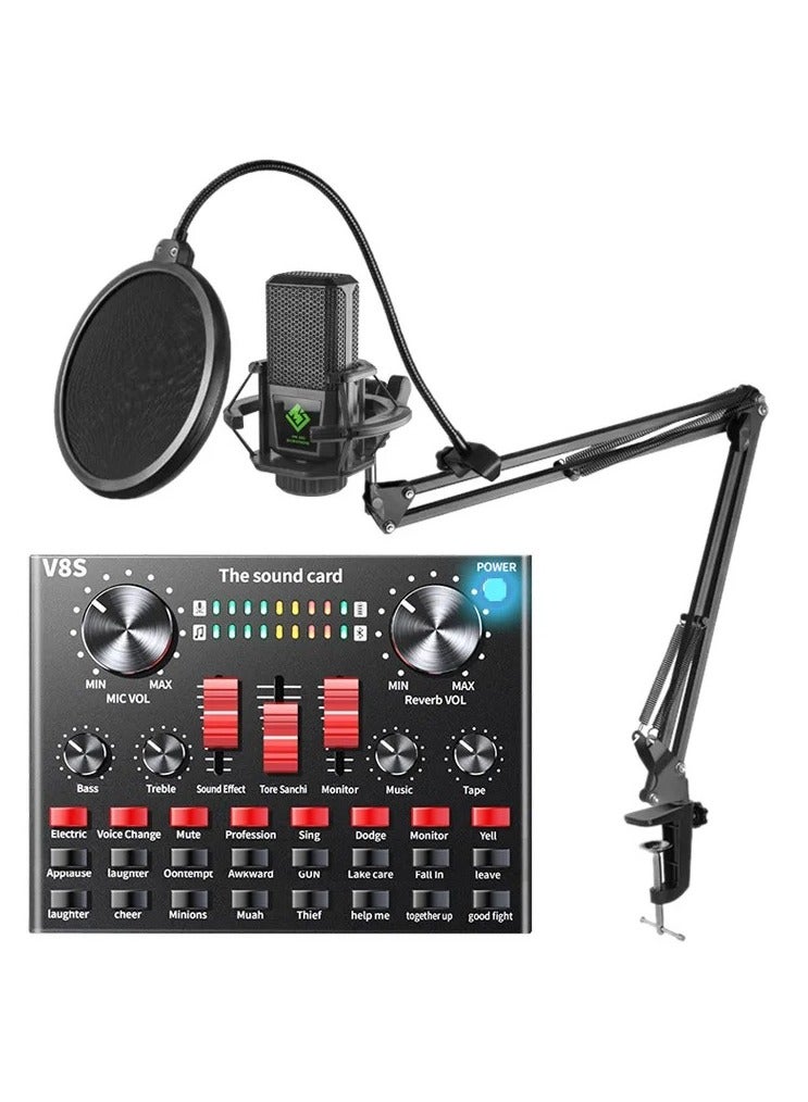 Professional Condenser Microphone with V8S Live Sound Card: Studio Recording and Broadcasting Set in Black