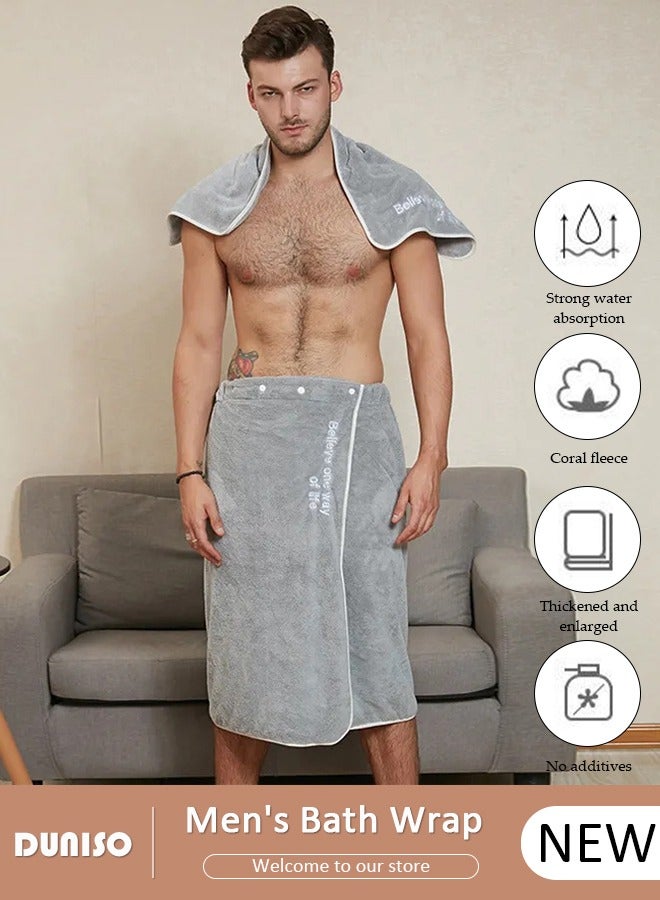 Men's Bath Wrap Towel Spa Robe with Buttons Adjustable Sauna Towels Wearable Body Wrap Towel Water Absorbent Quick-Drying Microfiber Shower Bath Towel