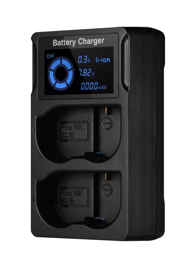 Portable Dual Slot USB Camera Battery Charger with LCD Display For Nikon EN-EL15 Batteries D7200/D7500/D500/D600/D750 Black