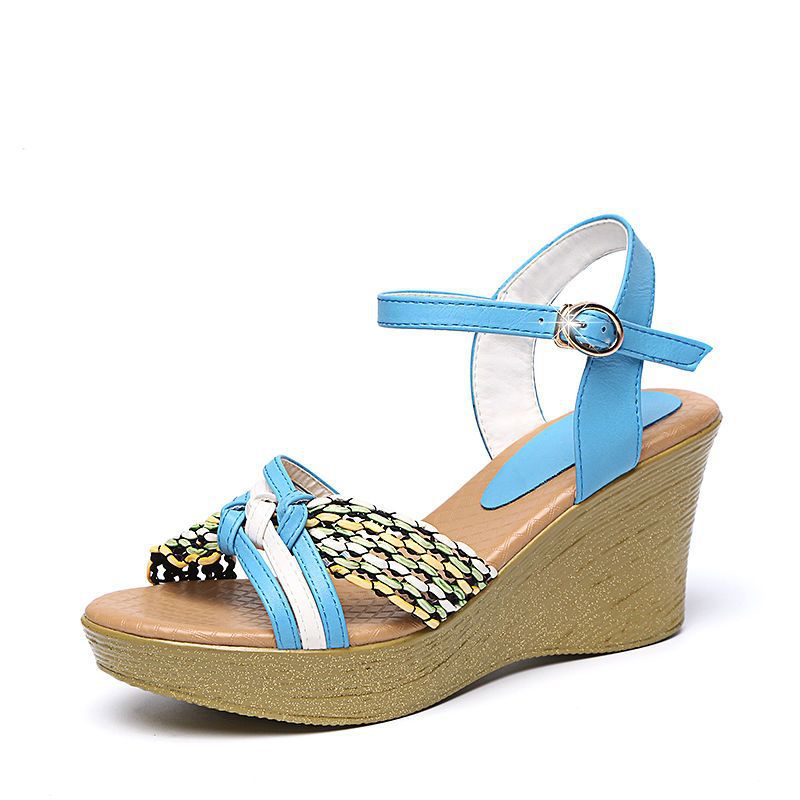 Summer Sweet Wedge Sandals Fashion Straw Roman Breathable LightBlue Blue