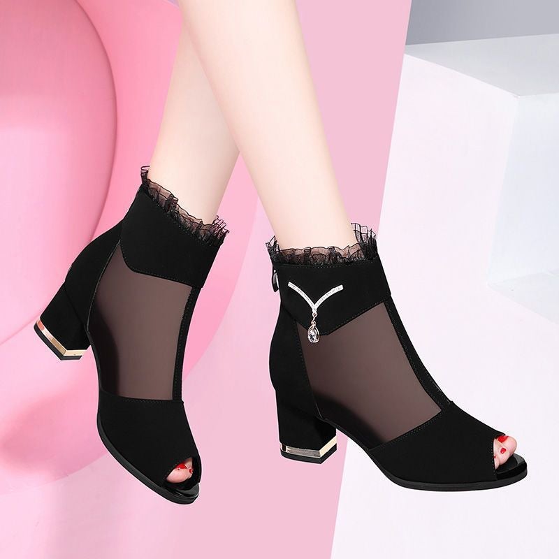 Hollow High Heels Chunky Heel All-match Spring and Summer New Shoes Womens Mesh Sandals High Heel Outer Wear Mid-heel Womens SandalsBlack mesh fish mouth u/drill 1688 Black mesh fish mouth u/drill 1688