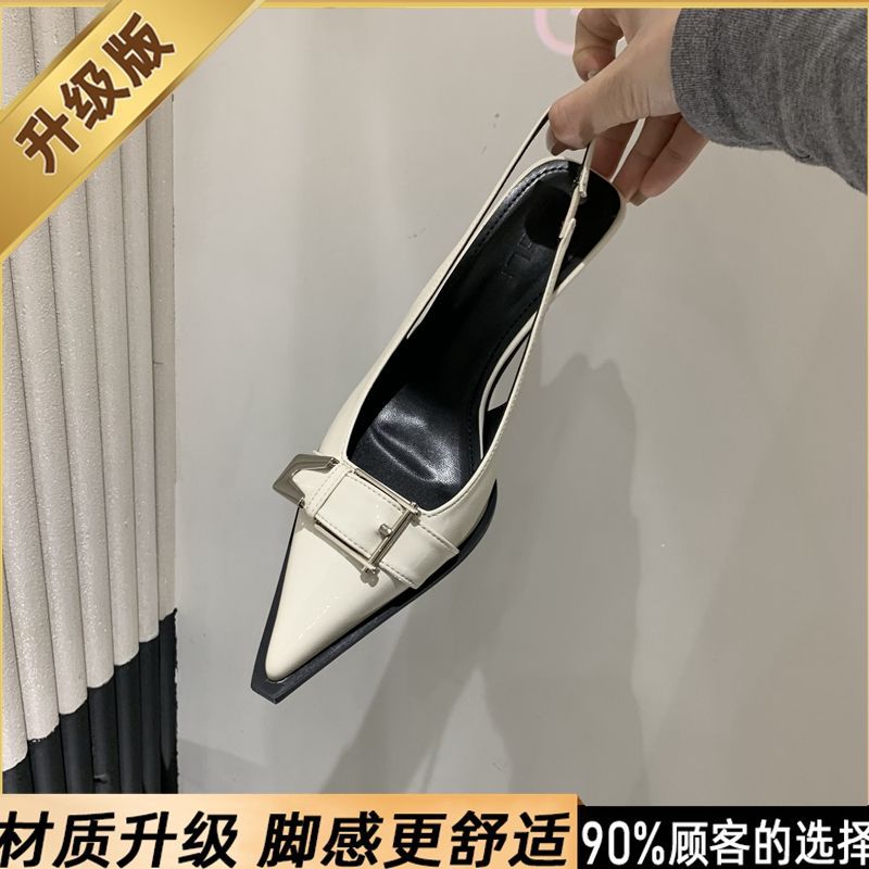 European and American Black Metal Buckle Pointed Top Explosions Thin Belt Rear Empty Heeled Sandals 2024 Black Slim Baotou Single-layer Shoes for WomenWhite second batch White second batch